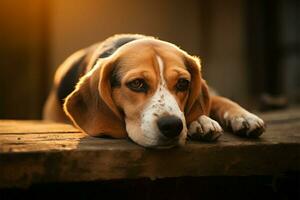 sereno cena, veterano beagle descansos com cabeça sobre Está patas ai gerado foto