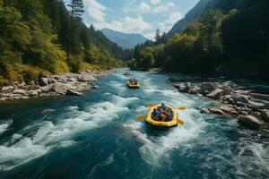 aéreo perspectiva rafting aventura em uma animado montanha rio Riacho ai gerado foto