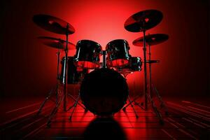 dinâmico, 3d rendido tambor kit, vermelho retroiluminado, conjuntos pró etapa ambiente ai gerado foto