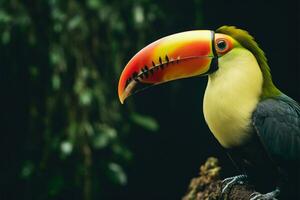 dentro uma verde floresta, uma tucano é empoleirado em uma ramo ai gerado foto