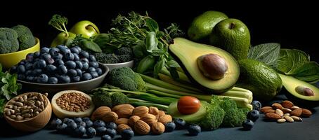 saudável Comida fundo. fruta, vegetal, sementes, superalimento, cereais, folha vegetal saudável Comida conceito. criada com generativo ai foto