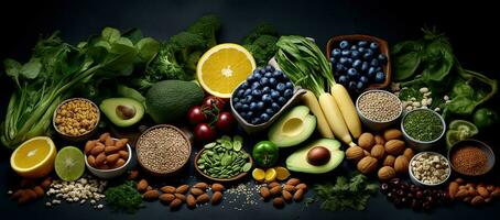 saudável Comida fundo. fruta, vegetal, sementes, superalimento, cereais, folha vegetal saudável Comida conceito. criada com generativo ai foto