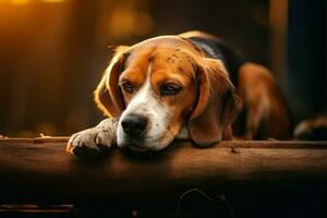 beagle veterano descansos com cabeça em patas, uma sereno cena ai gerado foto