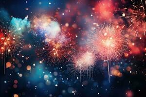 brilhante festivo fogos de artifício às noite. a comemorar Novo ano, independência dia, aniversário. lindo fogos de artifício luzes dentro a céu foto