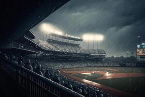 chuvoso dia lotado fãs às beisebol estádio, generativo ai foto