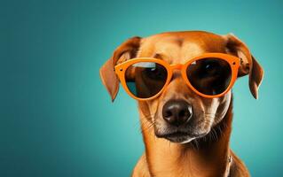 uma cachorro esportivo oculos de sol contra uma sólido cor fundo, generativo ai foto