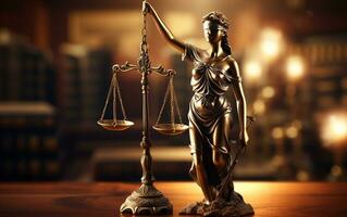 equilibrado justiça estátua do senhora justiça em advogado escrivaninha. generativo ai foto