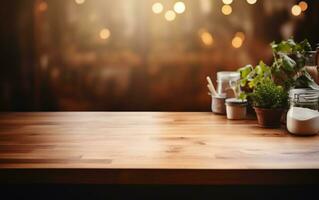 de madeira mesa com borrado cozinha fundo, generativo ai foto