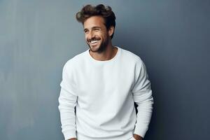 europeu masculino modelo dentro em branco branco suéter moda retrato, generativo ai foto