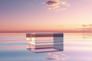 vidro pódio flutuando em a tranquilo superfície do cristal Claro água, generativo ai foto
