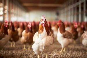 deitado galinhas dentro uma borrado aves de capoeira Fazenda interior fundo, generativo ai foto