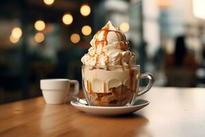 fotorrealista dslr fotografia do affogato gelo creme com cafeteria bokeh fundo, generativo ai foto