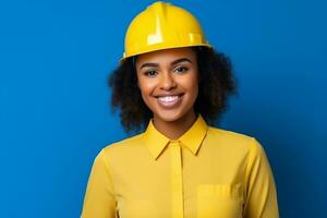 jovem africano americano mulher vestindo uma amarelo, sorridente, generativo ai foto