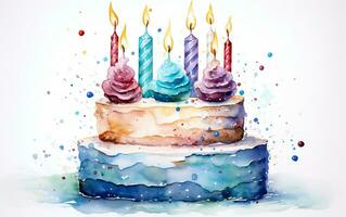 aguarela aniversário bolo com aceso velas, generativo ai foto