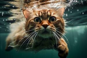 felino aquáticos uma gato dentro óculos leva a mergulho embaixo da agua. generativo de ai foto