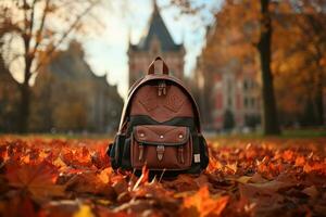 Faculdade mochila em outono folhas. generativo de ai foto