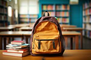 escola escrivaninha com mochila e livros. generativo de ai foto