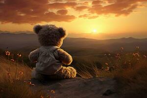 nostálgico momentos Urso de pelúcia Urso assistindo a pôr do sol. generativo de ai foto