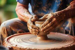 de oleiro mãos moldagem argila vaso. generativo de ai foto