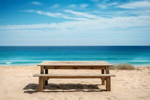 mesa de a de praia debaixo azul céu. gerado de ai foto
