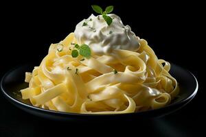 uma gourmet fettuccine Alfredo com parmesão queijo. generativo de ai foto