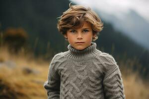 uma criança masculino abraçando acolhedor moda com uma suéter. generativo de ai foto