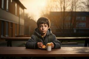 Garoto saboreando café da manhã dentro uma escola contexto. generativo de ai foto