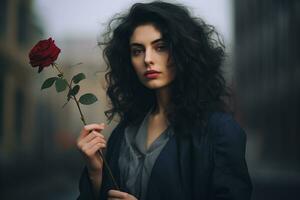 uma jovem mulher elegância segurando uma rosa. generativo de ai foto