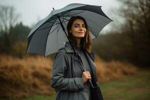 uma menina dentro dela 30s com a guarda-chuva e à prova de vento jaqueta. generativo de ai foto