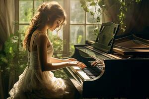 uma menina dentro dela 30s criando melodias em a piano. generativo de ai foto