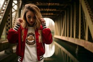 uma à moda menina beliscar a ponte do dela nariz dentro uma time do colégio jaqueta. generativo de ai foto