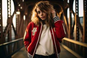 uma à moda menina beliscar a ponte do dela nariz dentro uma time do colégio jaqueta. generativo de ai foto