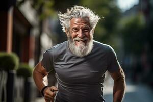 ativo envelhecimento feliz estilo de vida do a idosos corredor. generativo de ai foto