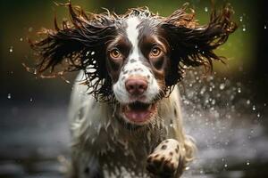 uma engraçado Inglês springer do spaniel playtime. generativo de ai foto