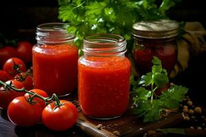 exibindo fresco tomates dentro tradicional tomate molho. generativo de ai foto