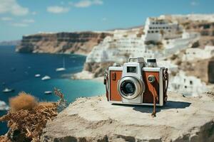 vintage Câmera aventuras dentro santorini. generativo de ai foto