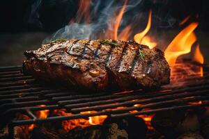 grelhado bife em a churrasco com fogo. generativo de ai foto