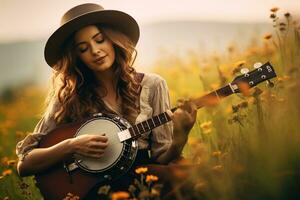 feminino mulher jogando banjo dentro flores silvestres. generativo de ai foto