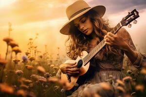 feminino mulher jogando banjo dentro flores silvestres. generativo de ai foto