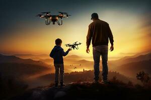 pai e filho vínculo com uma drone. generativo de ai foto