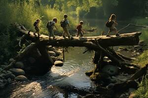 crianças cruzando uma registro ponte sobre uma tranquilo Riacho. generativo de ai foto