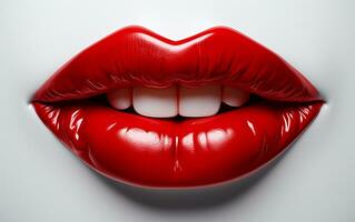 glamouroso vermelho lábios em uma branco fundo. generativo de ai foto