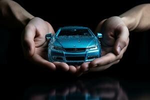 masculino mãos segurando uma azul carro dentro uma segurança conceito. generativo de ai foto