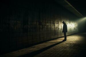 uma depressivo homem dentro uma construção corredor. generativo de ai foto