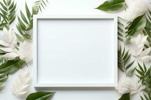 abstrato branco quadro, Armação no meio folhas. generativo de ai foto