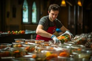 voluntário prepara Comida para caridade. generativo de ai foto