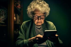 a idosos mulher Smartphone jornada. generativo de ai foto