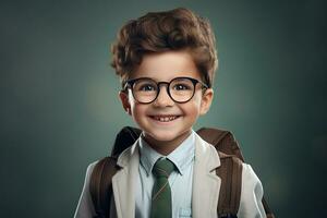 retrato do uma alegre estudante dentro Óculos com mochila. generativo de ai foto