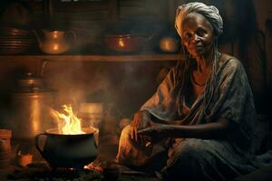 velho africano mulher às a lareira. generativo de ai foto