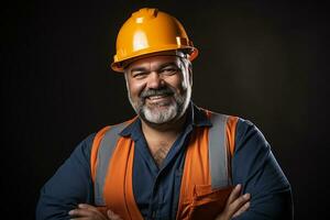 retrato do uma feliz maduro homem dentro uma construção capacete. generativo de ai foto